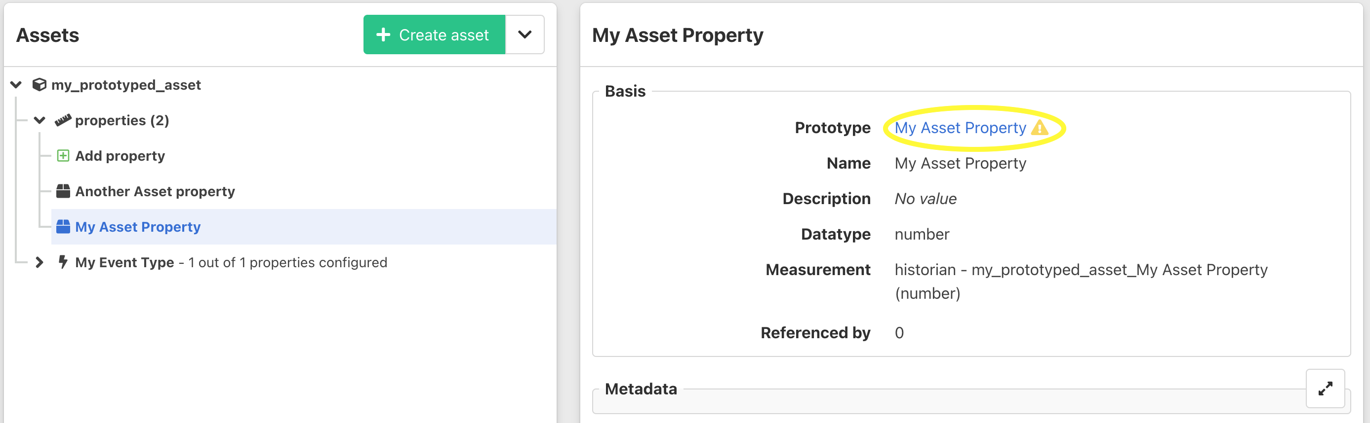 Asset property detail, prototype update visible