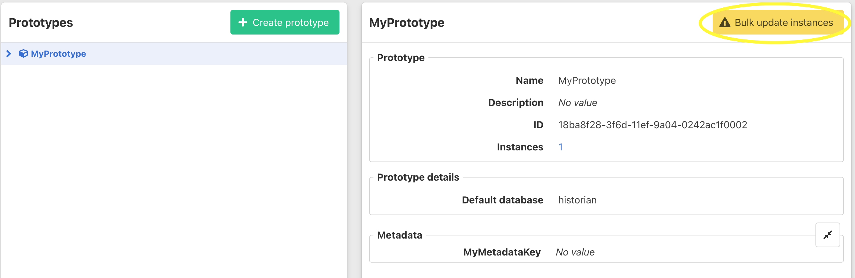 Prototype detail, bulk update button visible