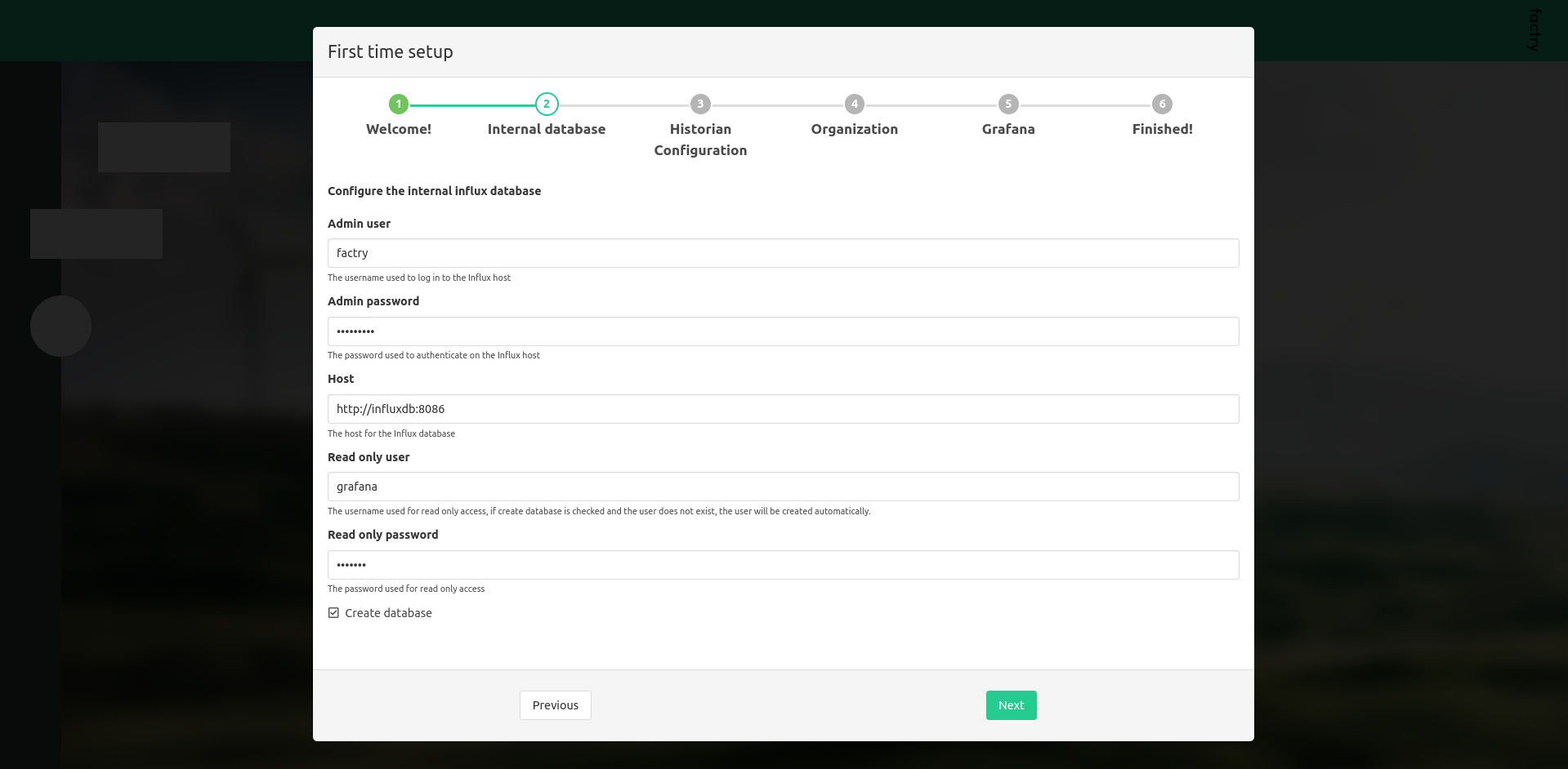 First time setup internal database