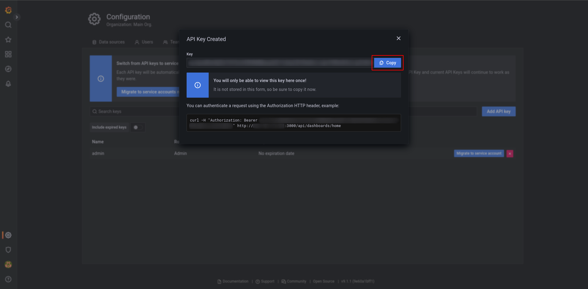Grafana copy API key
