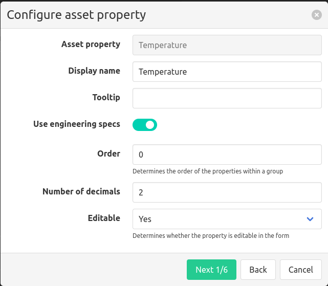 Manual entry asset property configuration with tree display