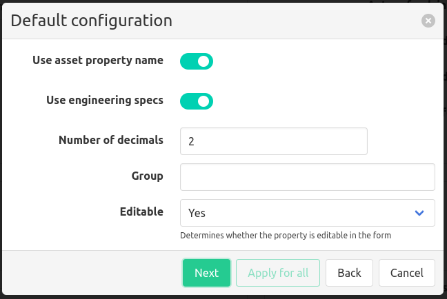 Manual entry default asset property configuration