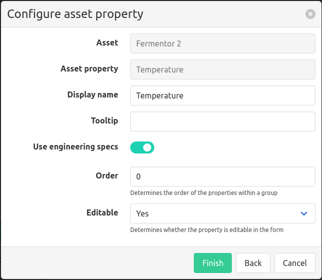 Manual entry asset property configuration with tree display