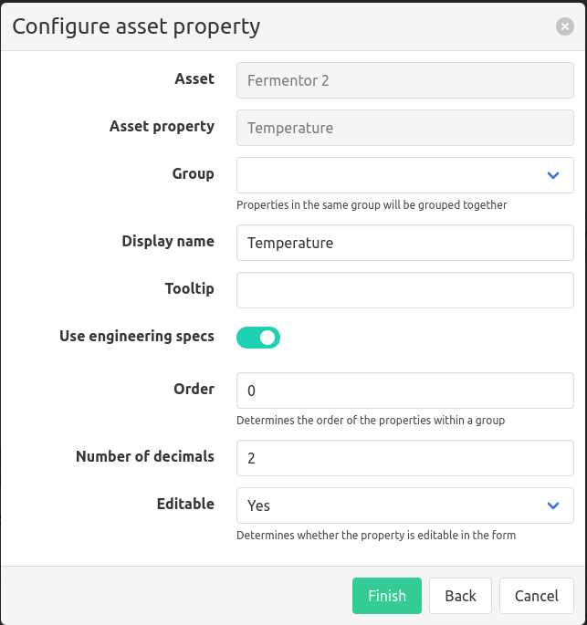 Manual entry asset property configuration