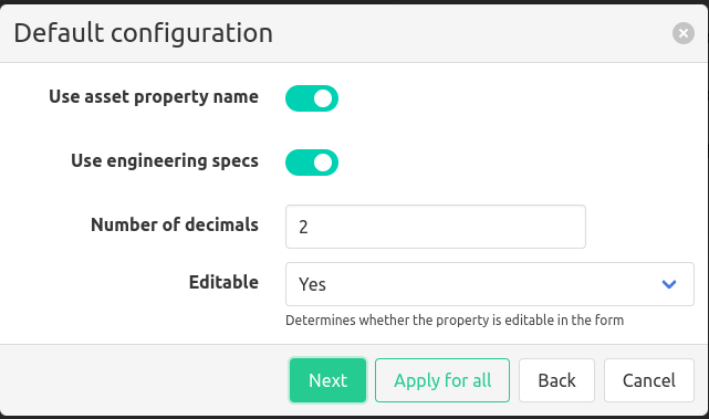 Manual entry default asset property configuration with tree display