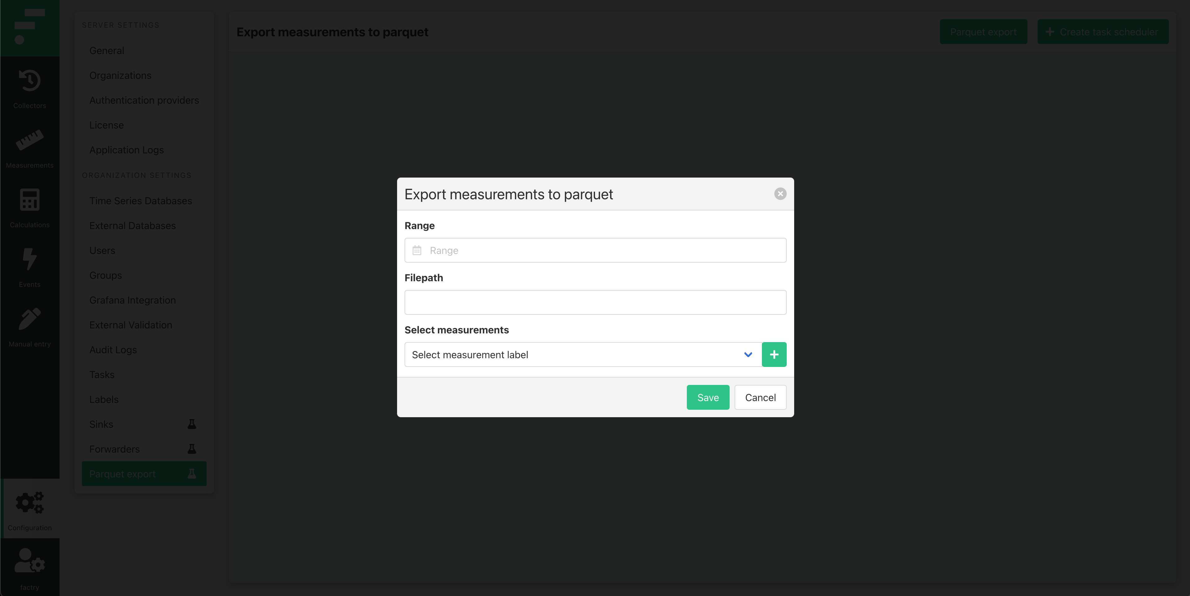 Parquet export, one-off export configuration screen