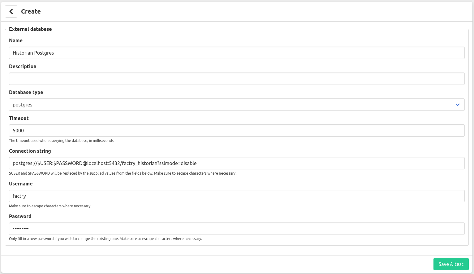 External Database configuration