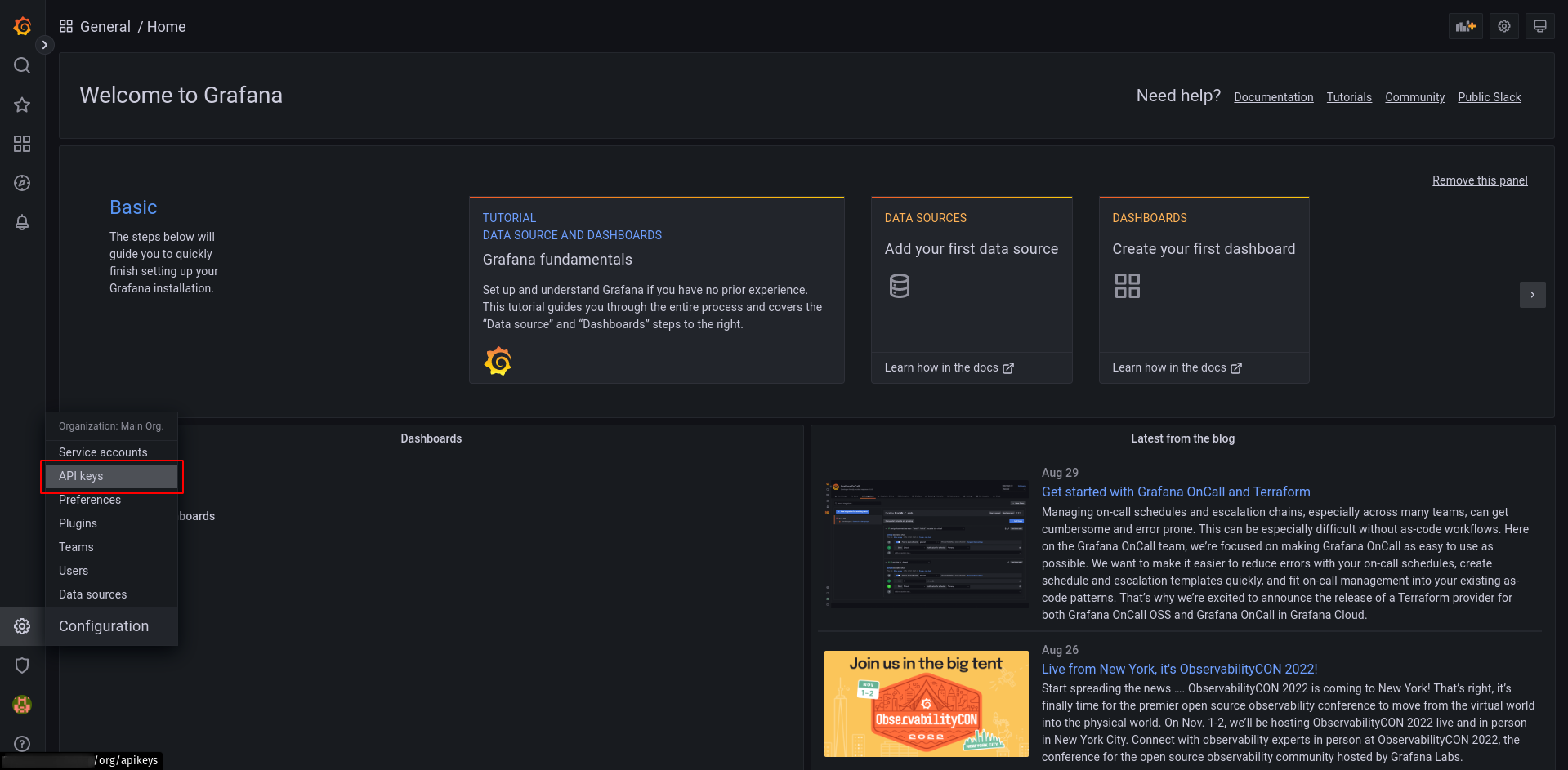 Grafana navigate to API keys