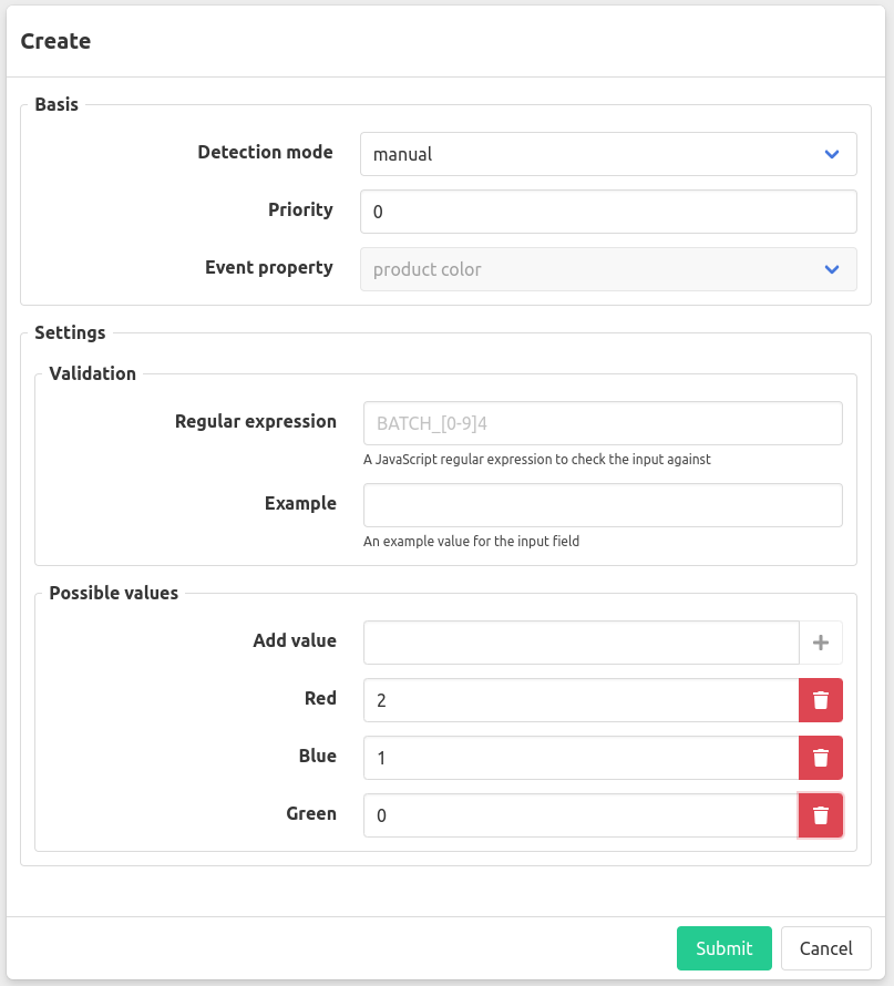 Manual entry - Possible values