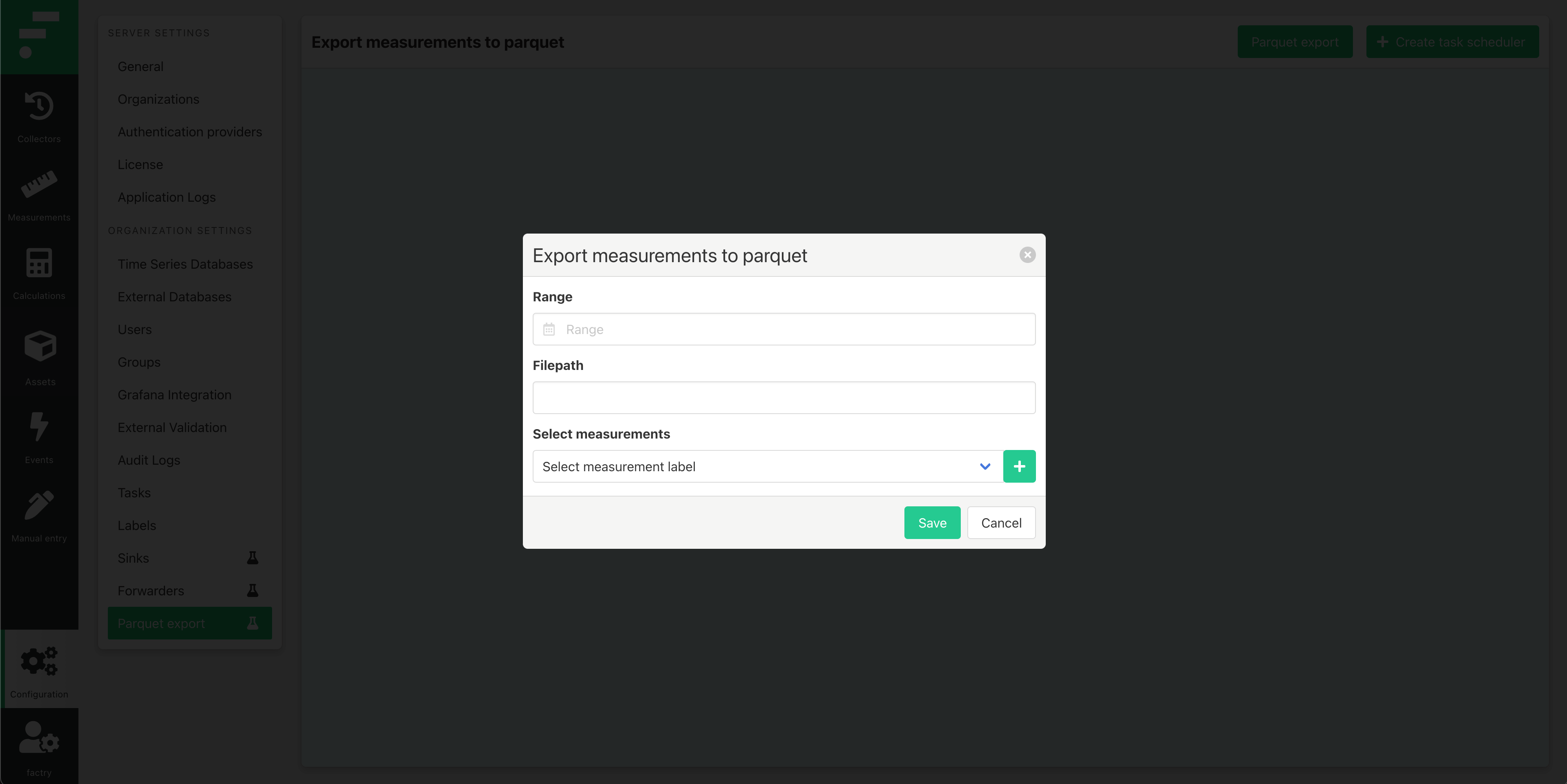 Parquet export, one-off export configuration screen