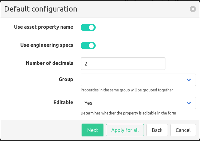 Manual entry default asset property configuration