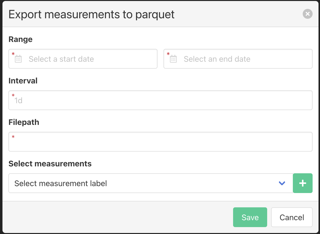 Parquet export, one-off export configuration screen