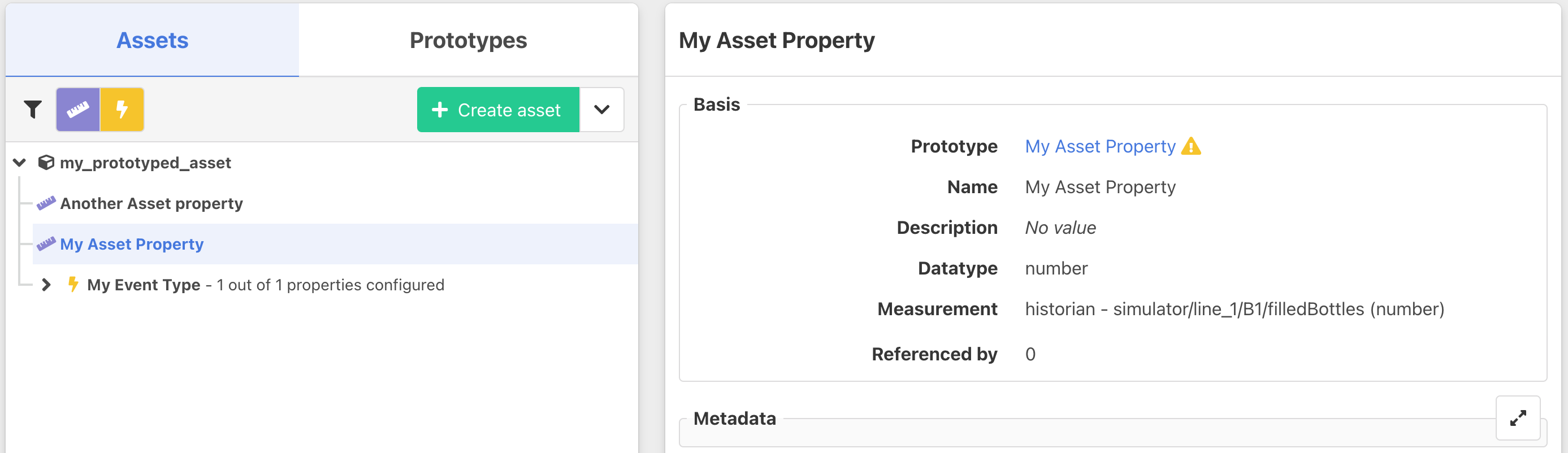 Asset property detail, prototype update visible