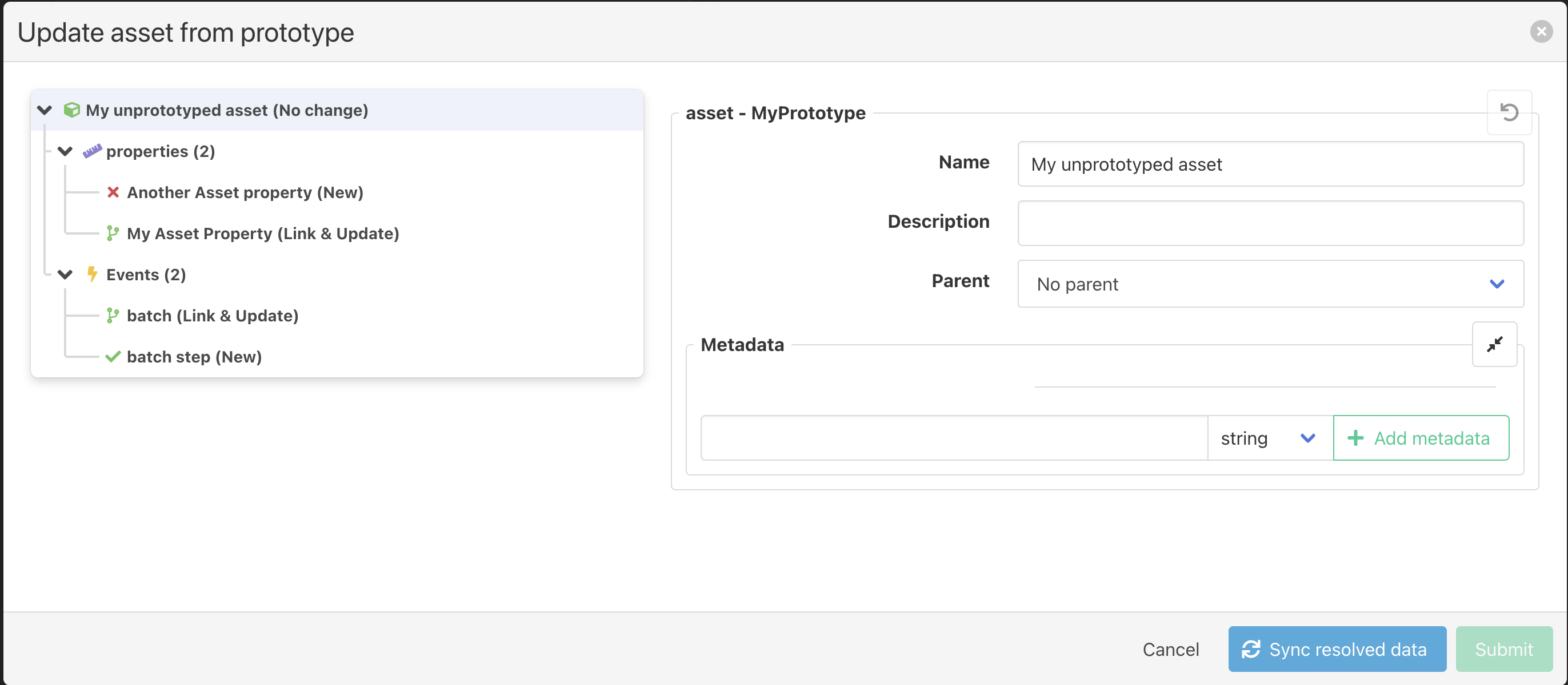 Linking an asset to a prototype