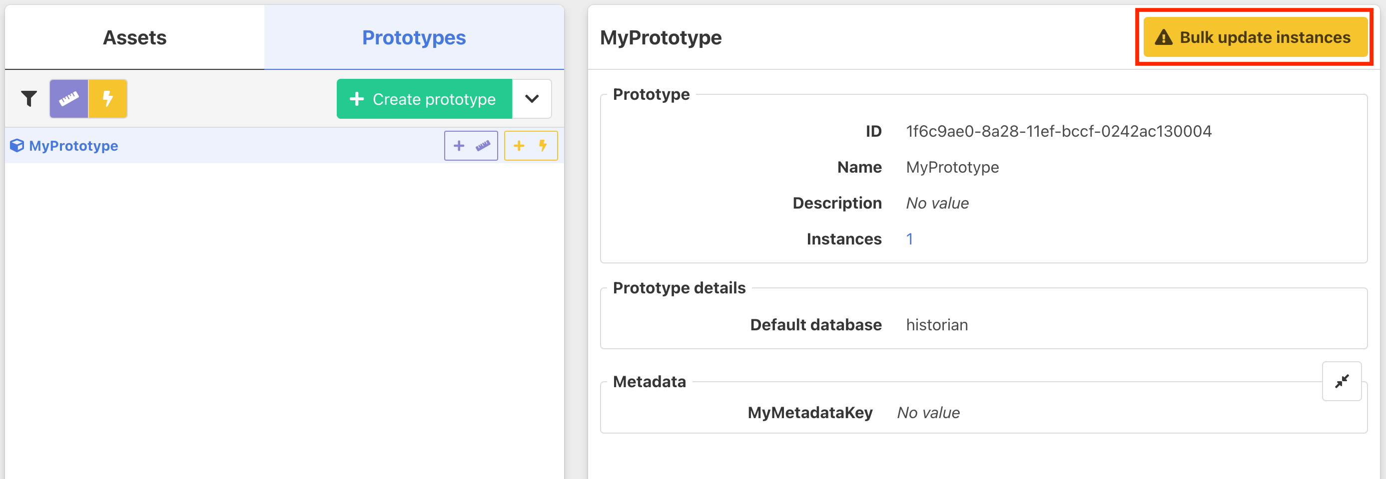 Prototype detail, bulk update button visible