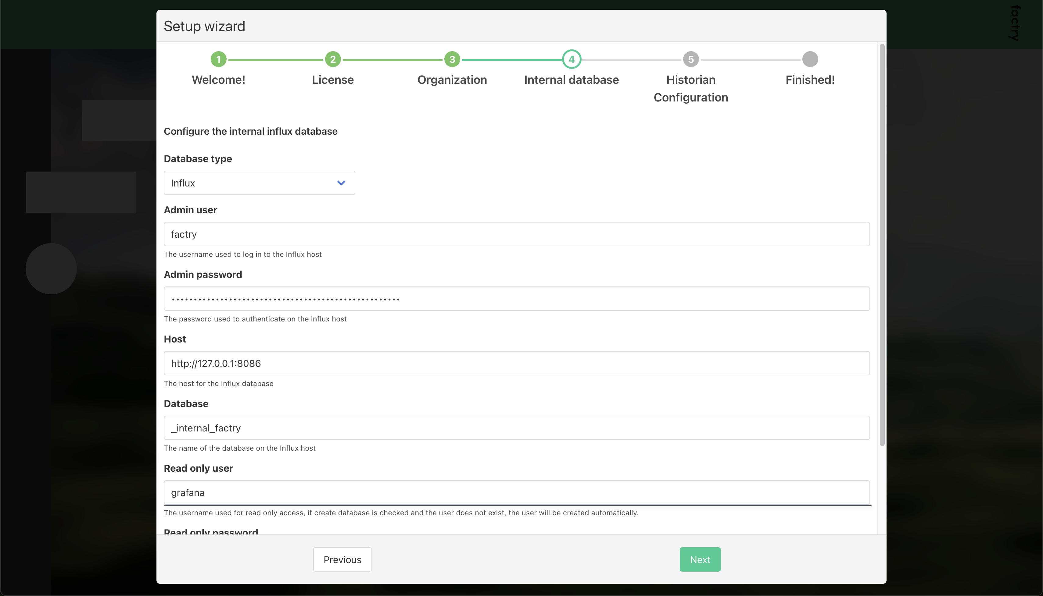 First time setup internal database