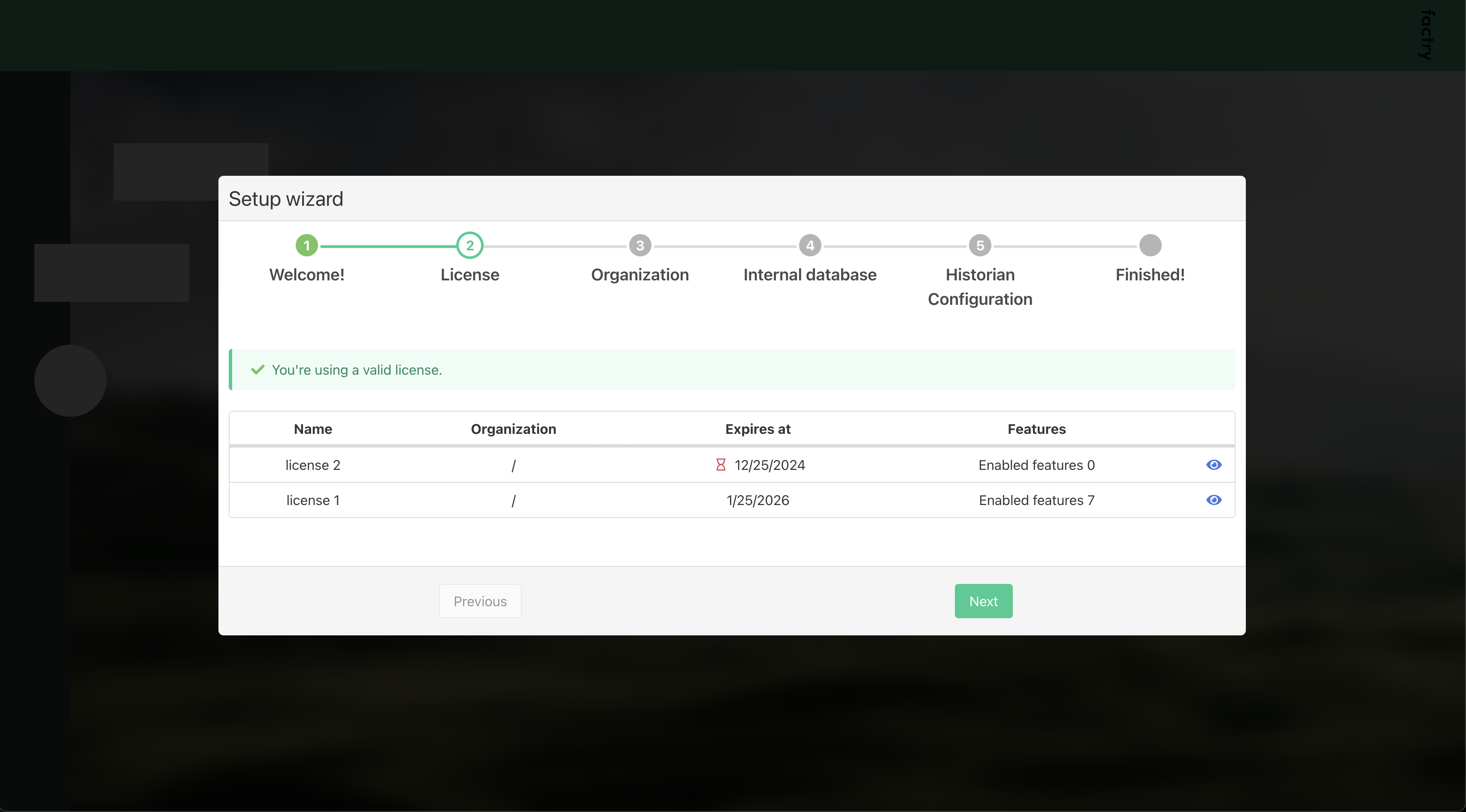 First time setup license overview